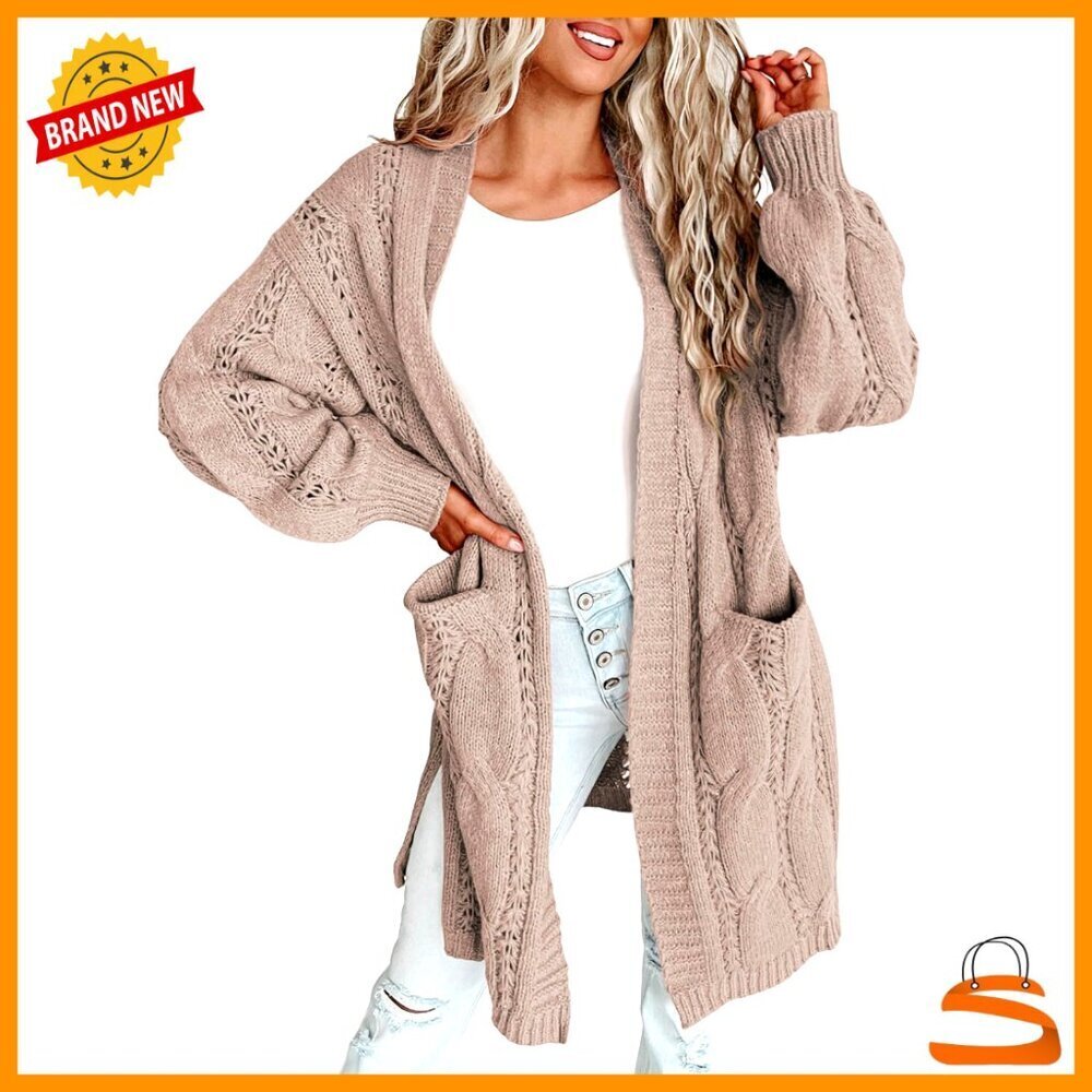 Oversized Long Cardigan Open Front Lantern Sleeves Cozy Winter Sweater with